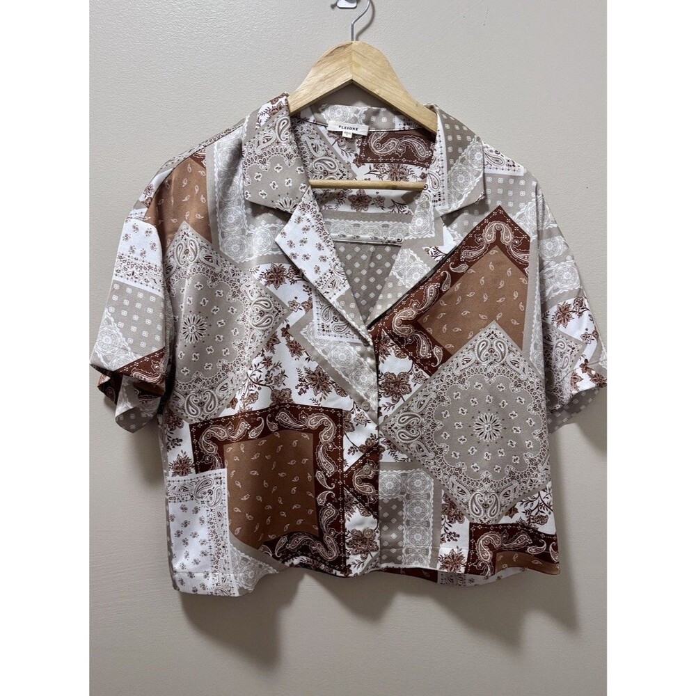 PLEIONE Woman's Button Up Brown Beige Paisley Short Sleeve Cropped Top Large New